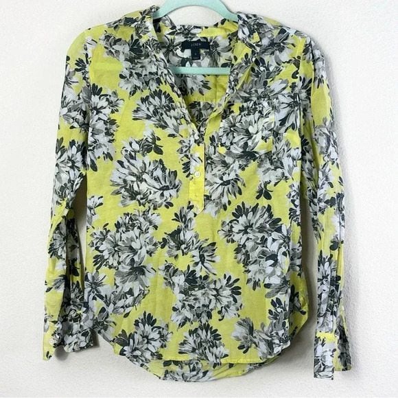 J. Crew Silk Cotton Blend Button Down Floral Shirt long sleeve yellow grey SZ 0 - Picture 1 of 10